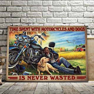 Racer With Golden Retriever – Time Spent With Motorcycles And Dogs Is Never Wasted 0.75 & 1.5 In Framed - Home Decor- Canvas Wall Art