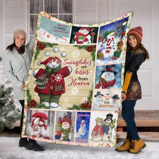 Snowflakes Are Kisses From Heaven Snowman Christmas Blanket Fleece Blanket - Christmas Best Gifts -Baby Blanket- Family Gifts