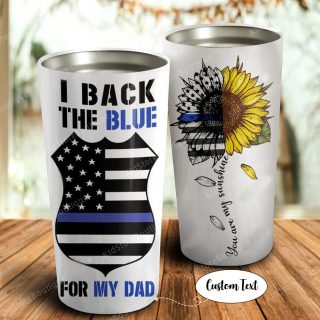 Personalized Sunflower Police I Back The Blue For My Dad Tumbler -Half Flag Police Officer Suit Personalized Travel Mug- Father and Son Gift