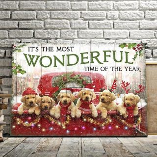 Six Golden Dogs On Christmas Car – It’s The Most Wonderful Time Of The Year Canvas - 0.75 & 1.5 In Framed -Wall Decor, Canvas Wall Art