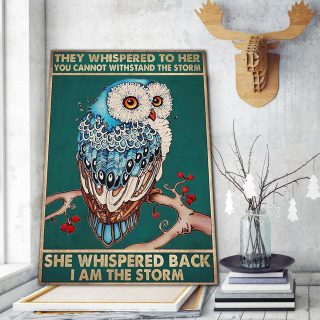 Owl They Whispered to Her You Cannot Withstand the Storm I Am the Storm Pink Ribbon Canvas -0.75 & 1.5 In Framed -Wall Decor, Wall Art