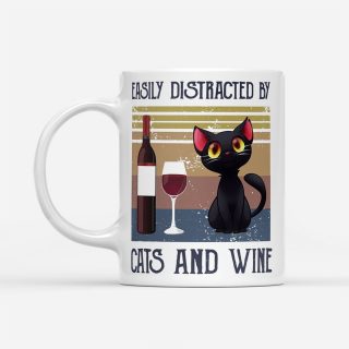 Easily Distracted By Cats And Wine Vintage - White Mug - Funny Cat Mug | Gifts for Cat Lovers | Cat Cup  |Cat Lover Gift Mug