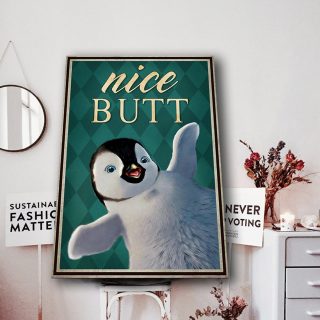 Funny Penguins Nice Butt Looking At Bathroom 0.75 & 1.5 In Framed Canvas - Housewarming Gifts - Home Living - Wall Decor - Canvas Wall Art