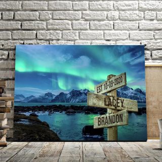 Personalized Blue Aurora Near LakeColor Multi-Names 0.75 and 1,5 Framed Canvas - Street Signs Customized With Names- Home Living- Wall Decor