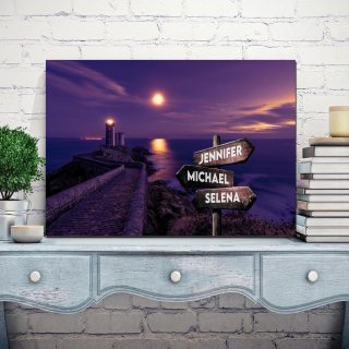 Personalized Lighthouse At Night Multi-Names Premium 0.75 & 1,5 Framed Canvas - Street Signs Customized With Names- Home Living- Wall Decor