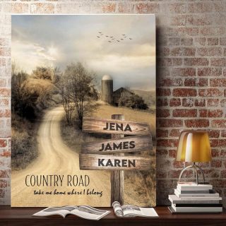 Personalized Country Road Take Me Home, Multi-names Premium Canvas - Street Signs Customized With Names- 0.75 & 1.5 In Framed -wall Decor