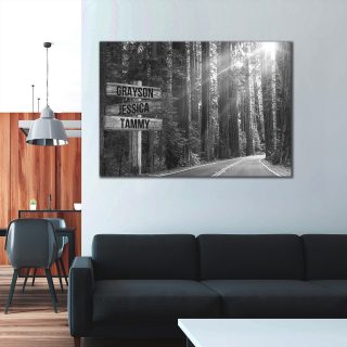 Personalized Black and White Forest Road Multi-Names Premium 1,5 Framed Canvas - Street Signs Customized With Names- Home Living- Wall Decor