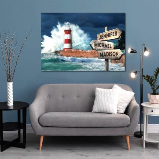 Personalized Lighthouse Multi-Names Premium 0.75 & 1,5 Framed Canvas - Street Signs Customized With Names- Home Living- Wall Decor