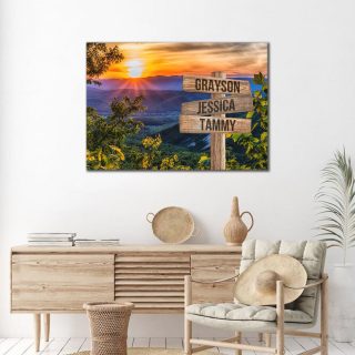 Personalized Sunset Mountains Multi-Names Premium 0.75 & 1,5 Framed Canvas - Street Signs Customized With Names- Home Living- Wall Decor